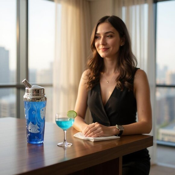 Vintage Hazel Atlas Cobalt and White Fish Cocktail Shaker - Picture 1 of 9